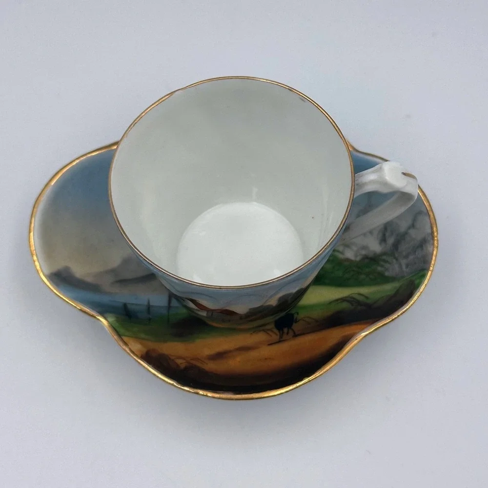 Vintage MCM Japanese Landscape Porcelain Hand Decorated Teacup & Saucer‎